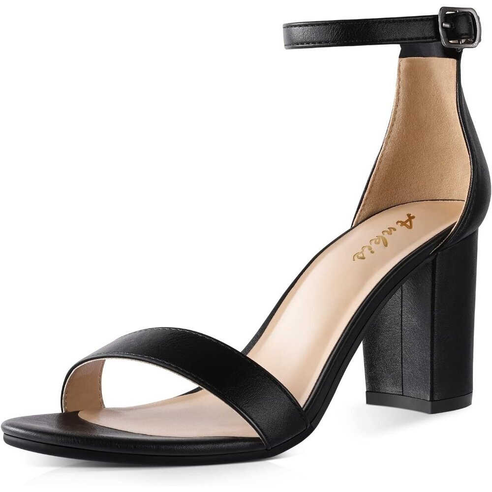 〽️Women's Black Pu Open Toe Ankle Strap Chunky Heel Sandals with 2.75 Inch Heel